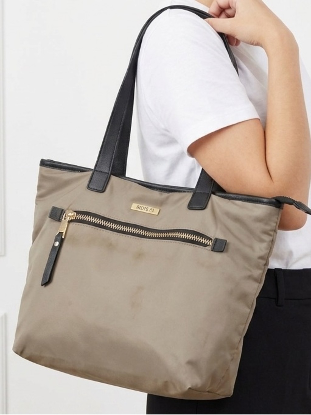 Roots 73 Taupe / Grey Nylon Lightweight Tote Bag With Back Trim Gold Hardware